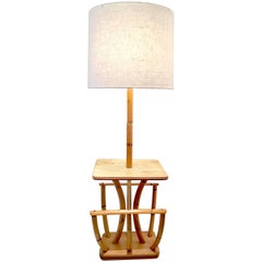 Mid-Century Paul Frankl Style Rattan Reed & Brass Table Floor Lamp