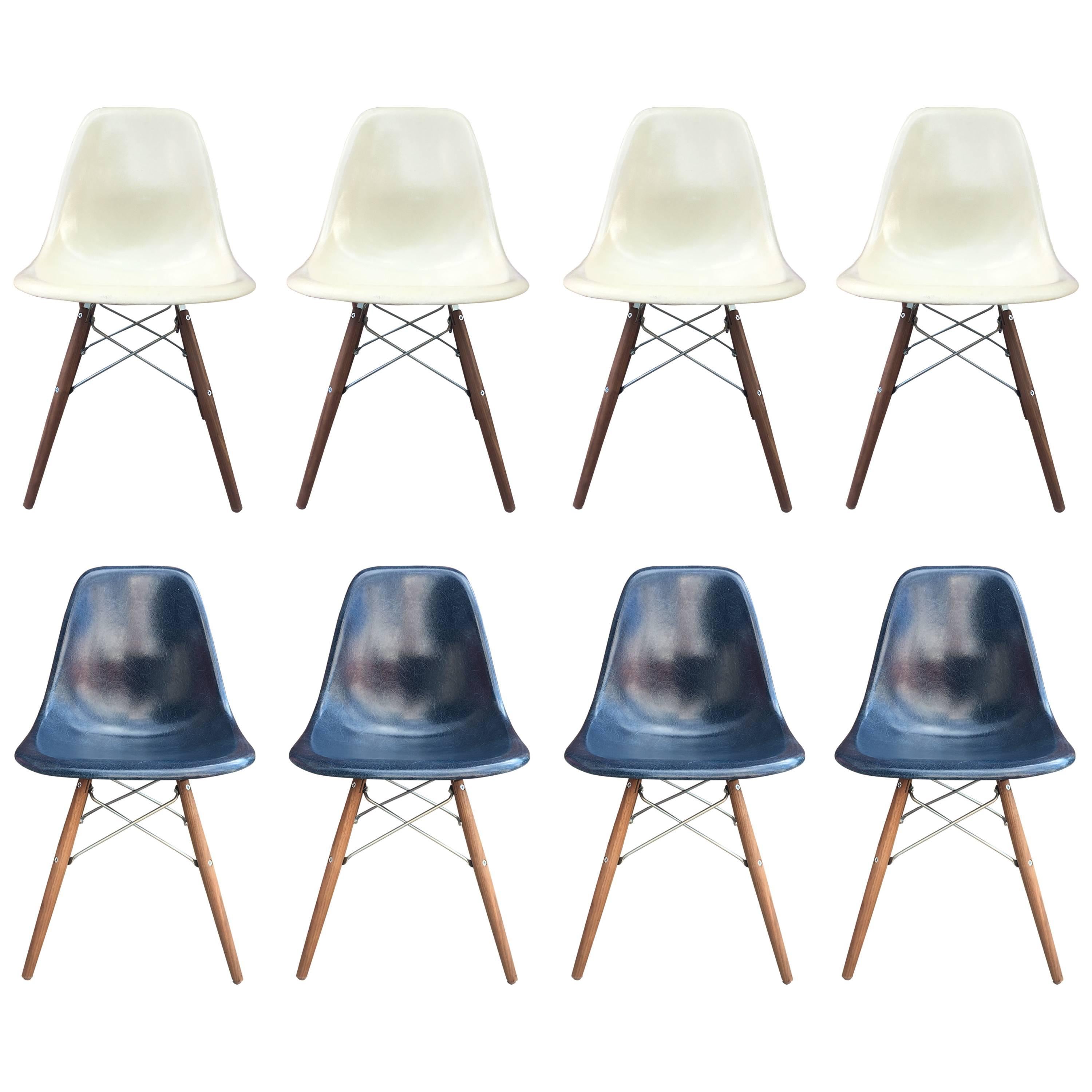 Eight Herman Miller Eames Dining Chairs in Navy and Parchment