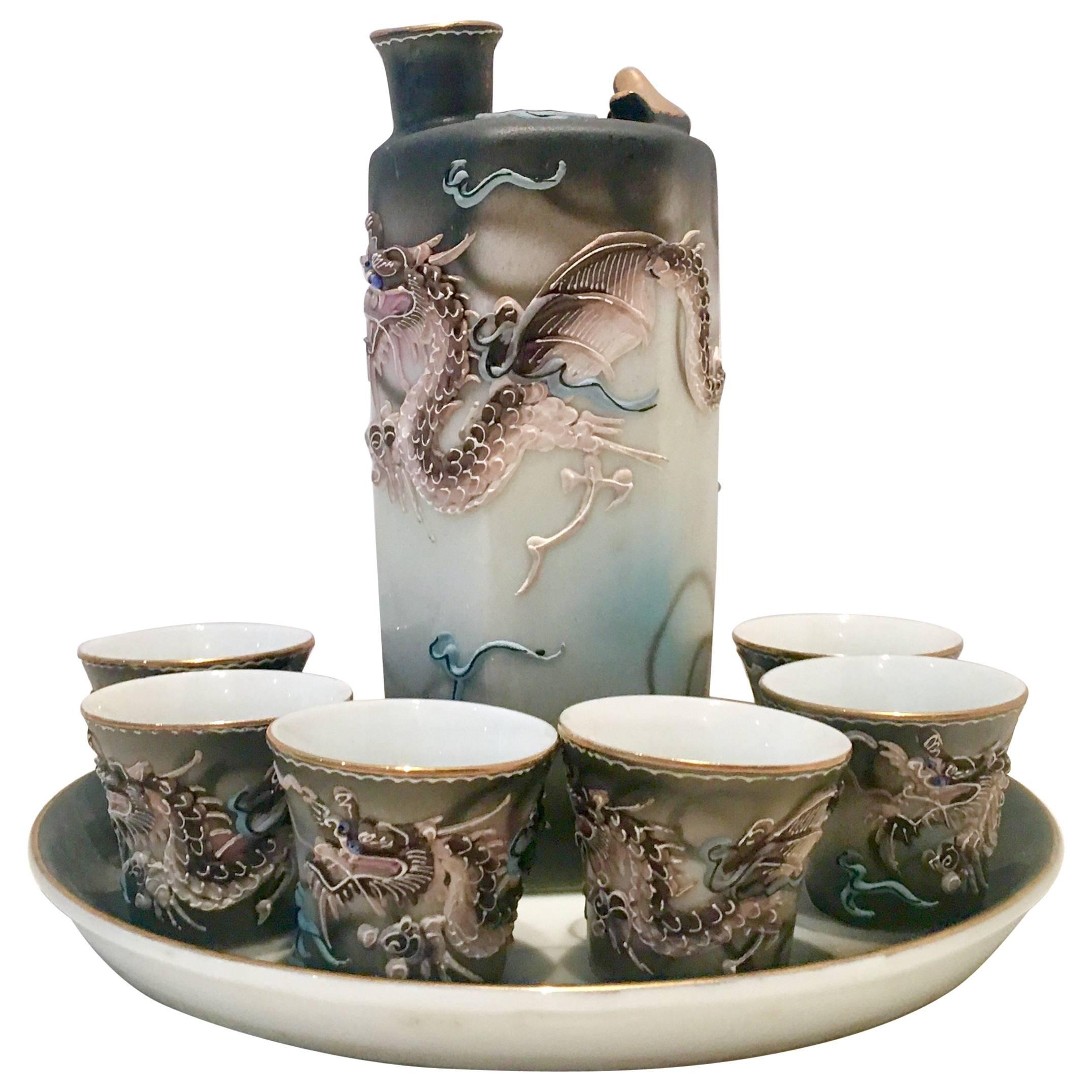 Mid-Century Porcelain Moriage Dragon Ware Saki Set of Eight