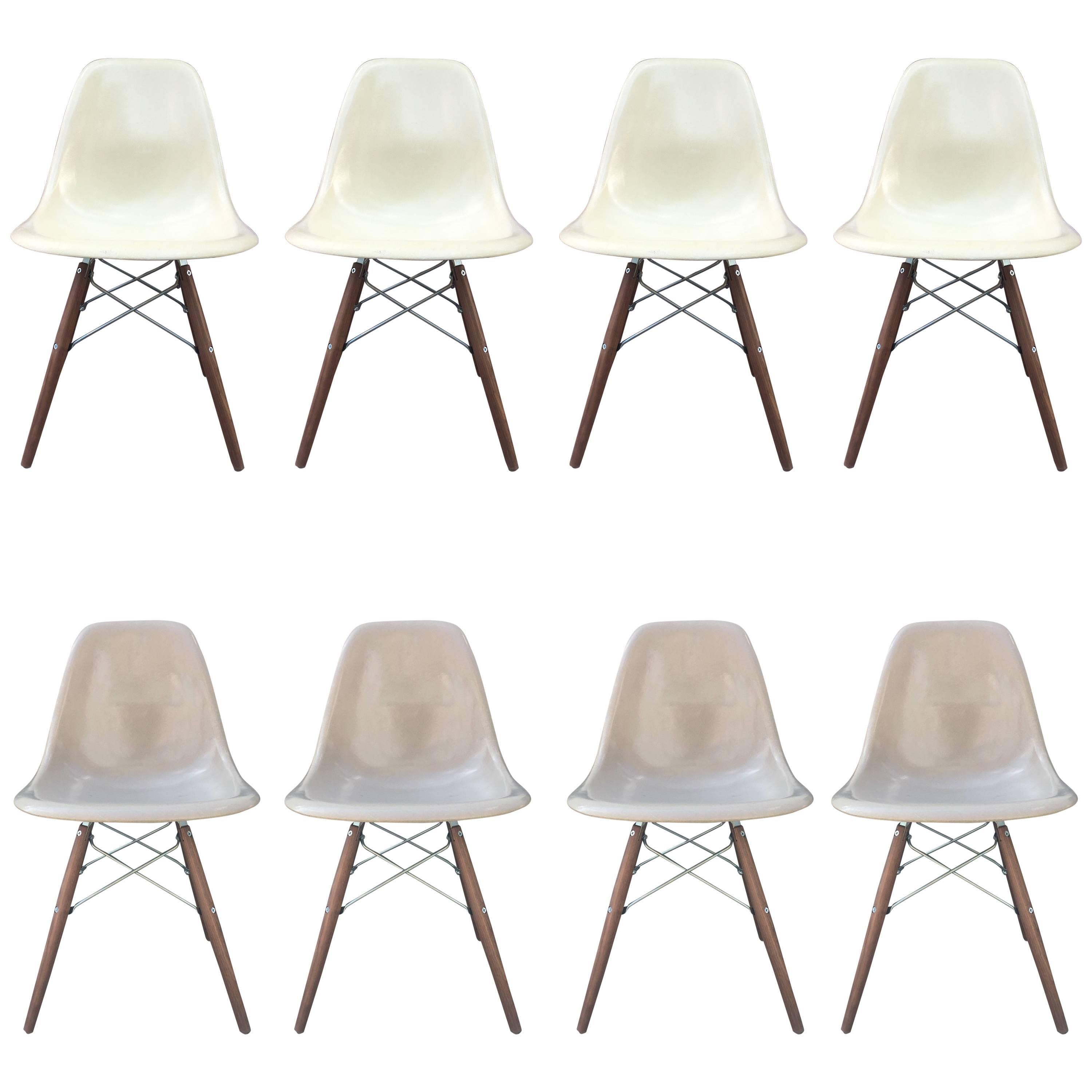 Eight Herman Miller Eames Dining Chairs in Parchment and Tan