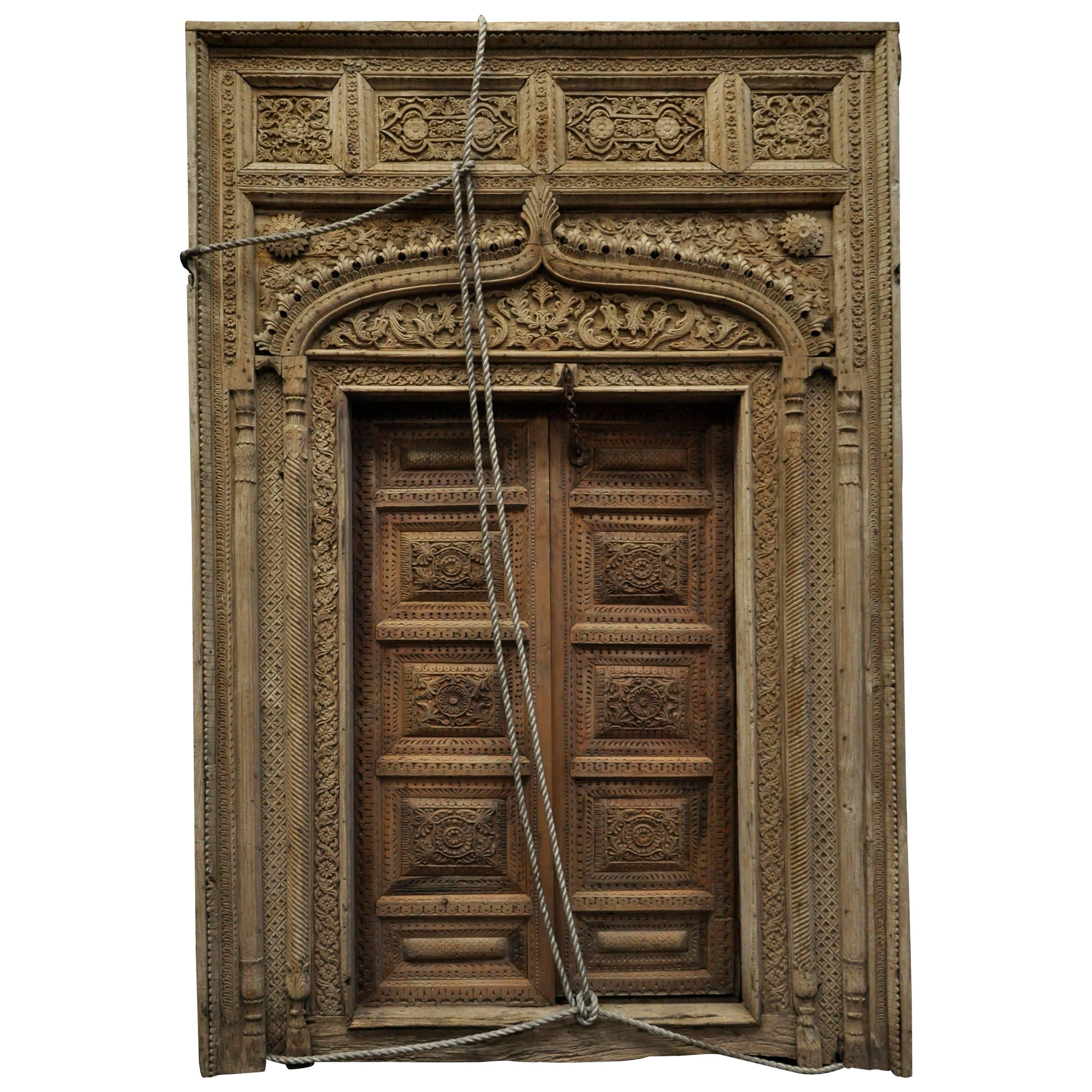 Indian Carved Wood Door and Window Frame, Period 19th Century For Sale