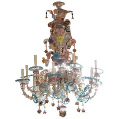 1970-1980 Chandeliers Pair of Murano Crystal with 12 Lights Arms