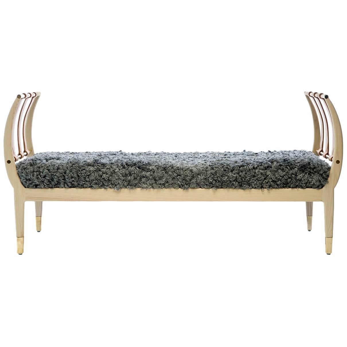 Contemporary Handcrafted American Design Wood Bench with Leather Straps For Sale
