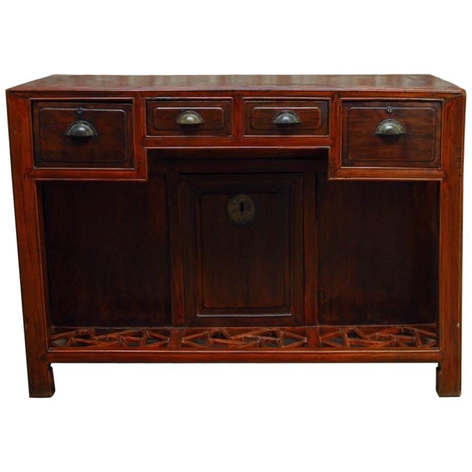 Chinese Red Lacquered Four-Drawer Desk with Footrest