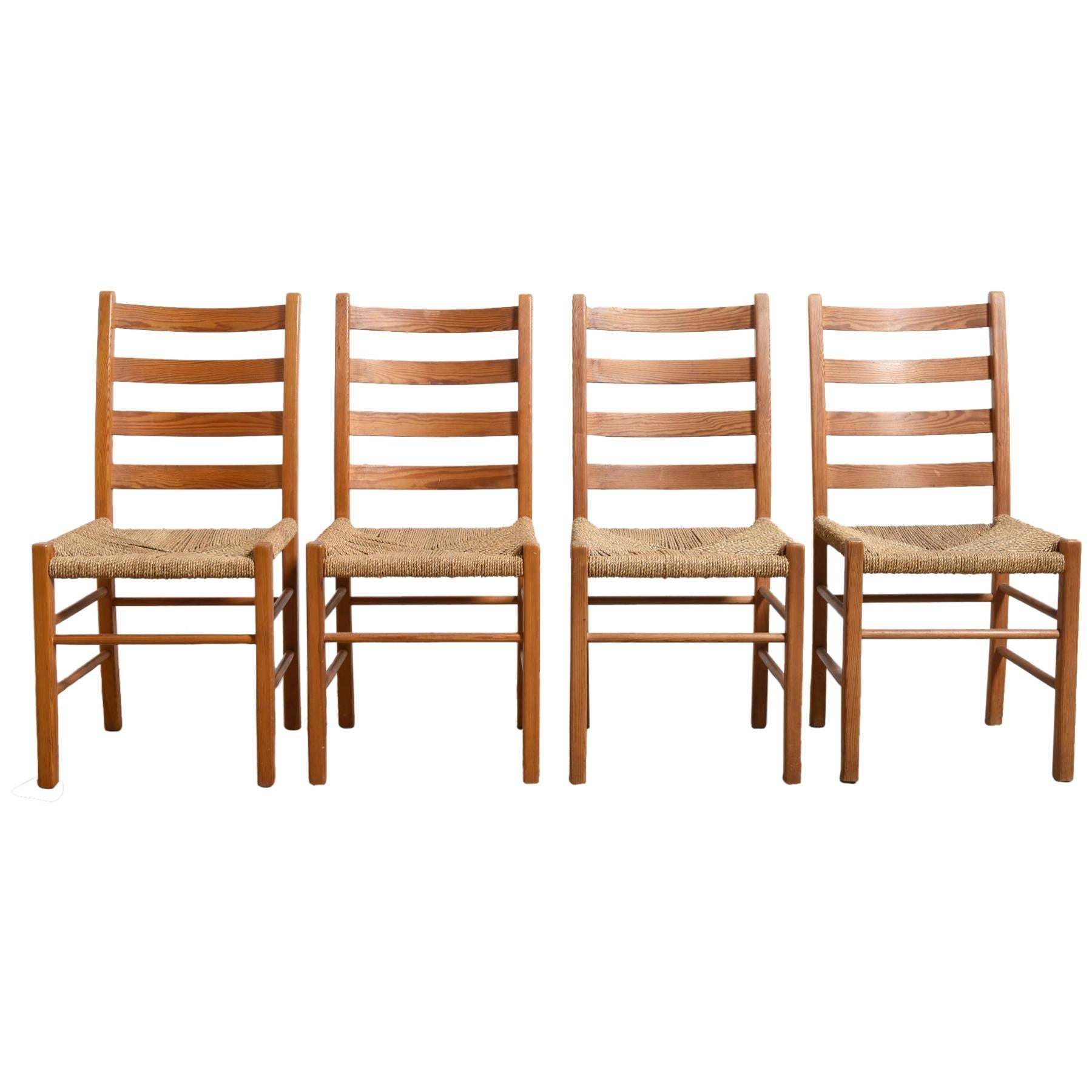 Set of Four Solid Pinewood Chairs with Rush Seat, 1950s