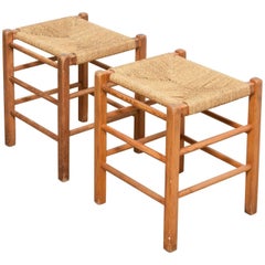Set of Two Solid Pinewood Rush Seats, Stools, 1950s 11