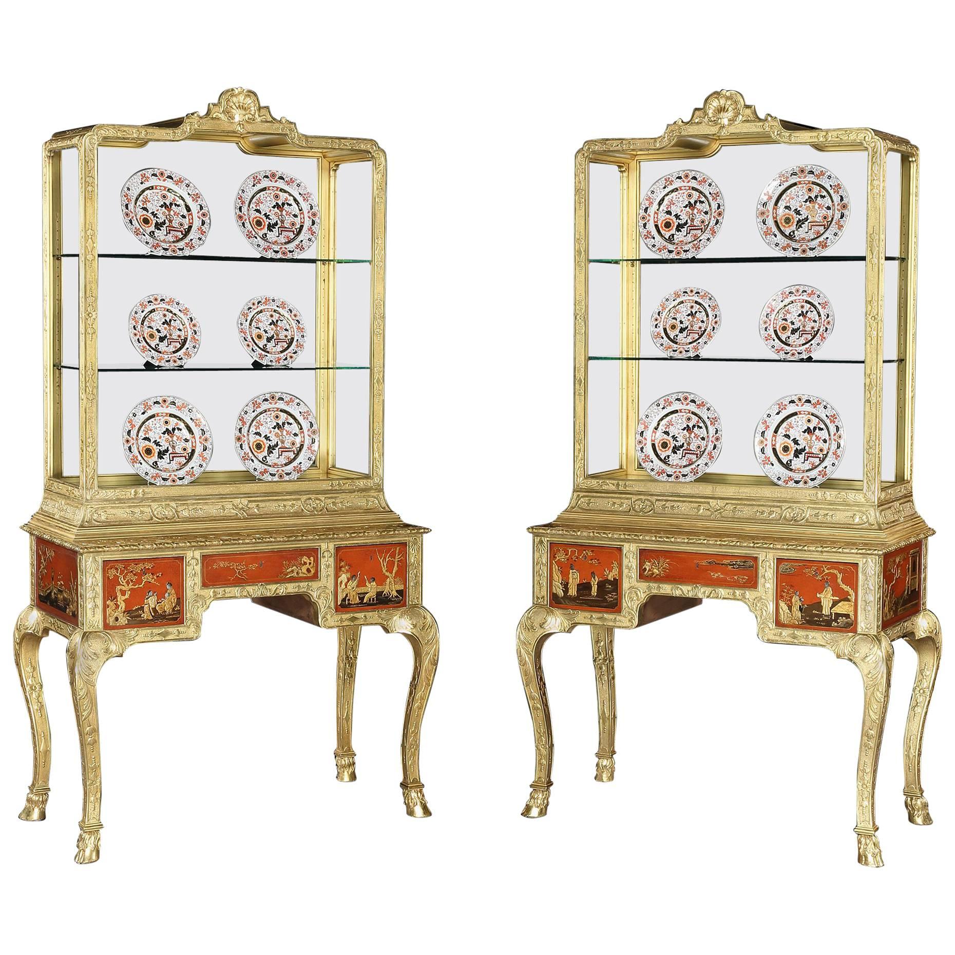 Pair of 20th Century English Cabinets with Gold and Red Lacquer Scenes For Sale