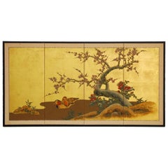 Japanese Four Panel Screen of Ducks and Prunus on Gold Leaf