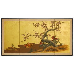 Japanese Four Panel Screen of Ducks and Prunus on Gold Leaf 7