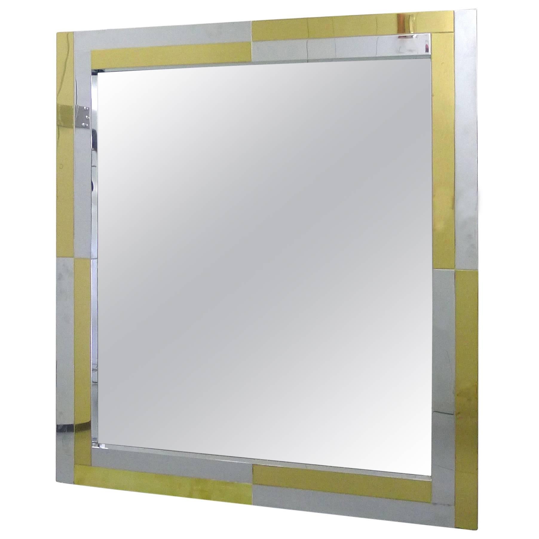 Paul Evans Style Metal Patchwork Chrome and Brass Mirror