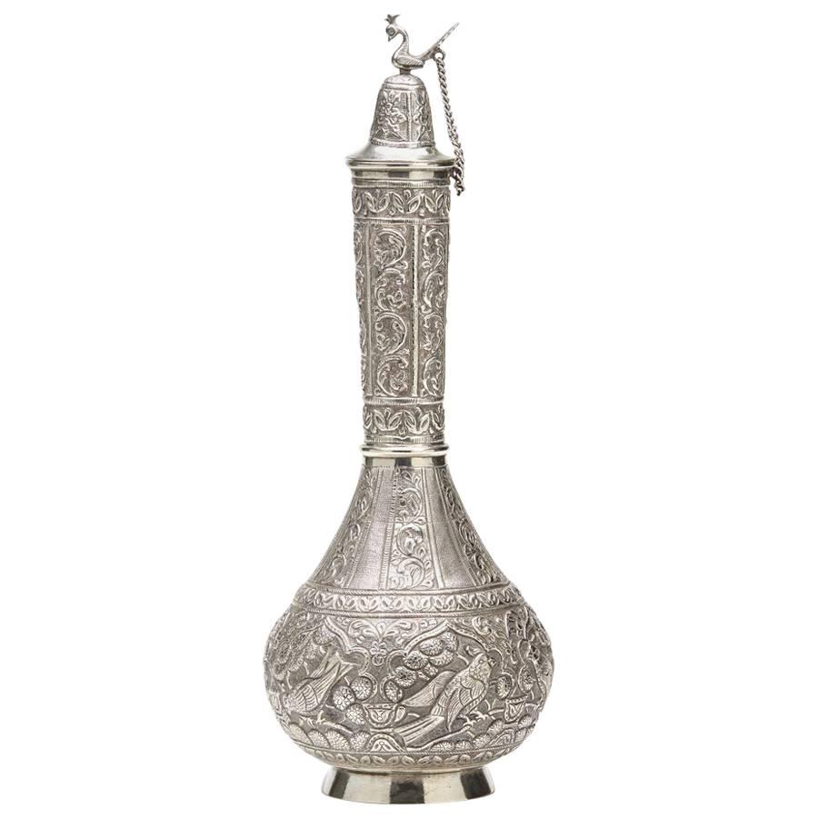 Antique Indo-Middle Eastern Silver Rose Water Bottle, circa 1900