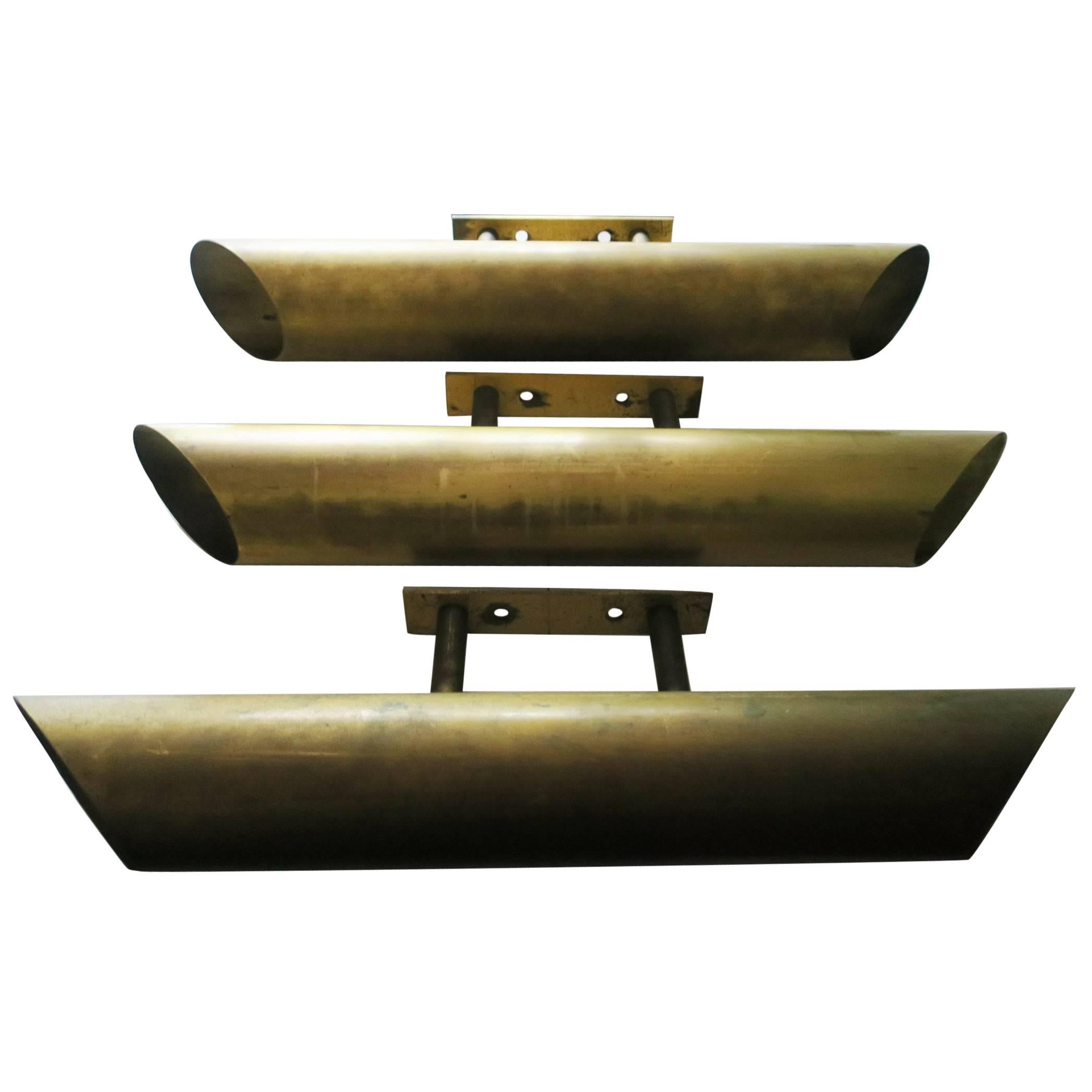Three Bauhaus Large Solid Brass Sconces / Outside Lamps with Double Lights For Sale