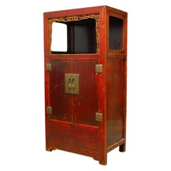 Antique Chinese Red Lacquer Cabinet with Display Shelf