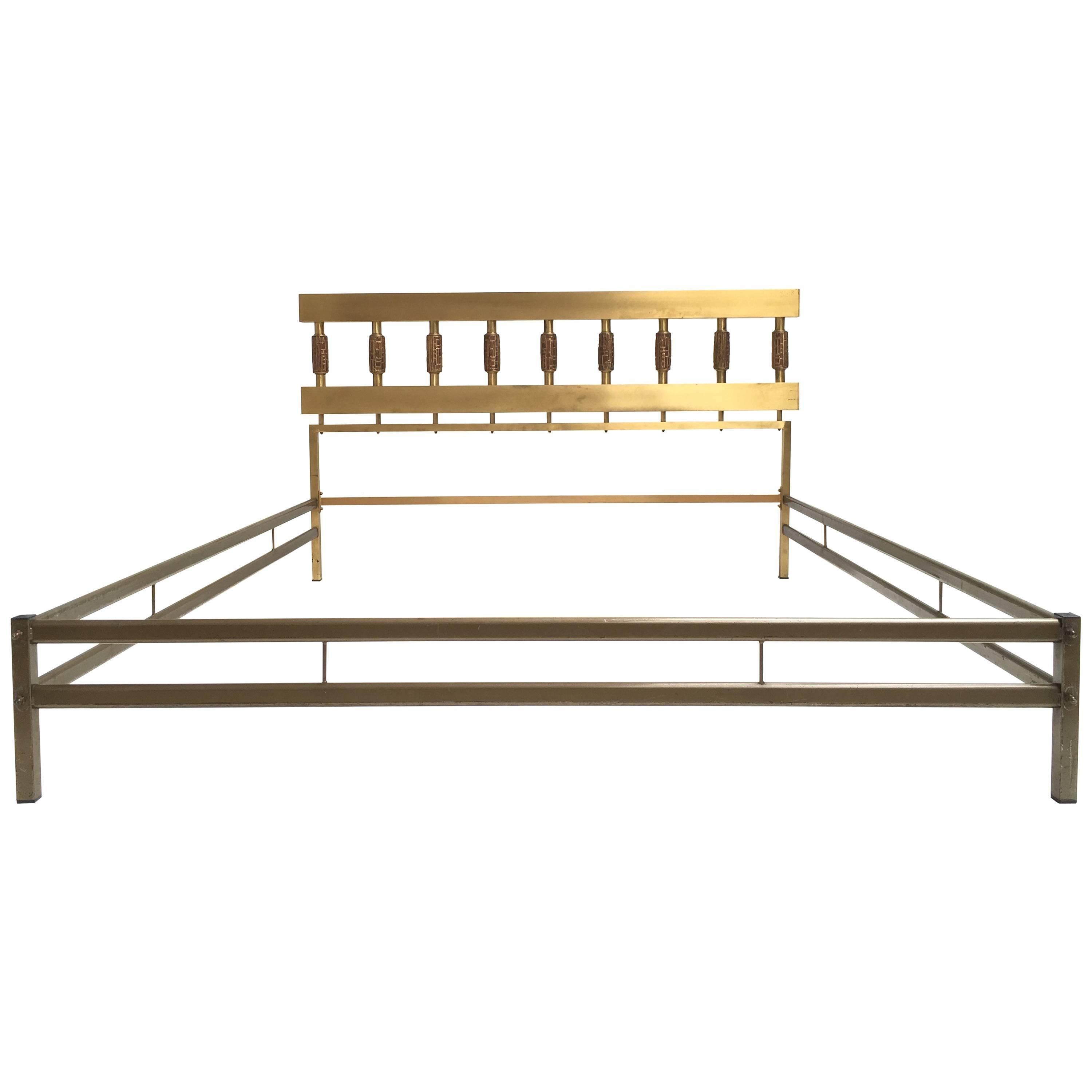Brass & Bronze Bed  with pair of  matching nightstands by Luciano Frigerio, 1970