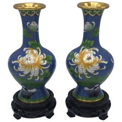 1960s Blue Cloisonné Vases on Stands, Pair