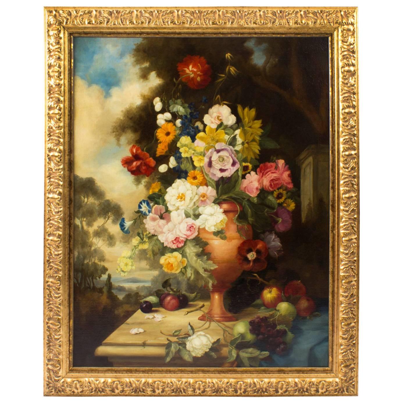 Large Antique Continental School Floral Still Life Oil Painting 19th Century