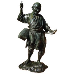 Antique Meiji Period Japanese Bronze Fisherman Genryusai Seiya