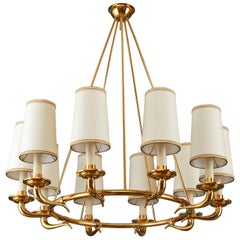 Elegant Ten Branch Polished Brass Chandelier, Italy, 1950s