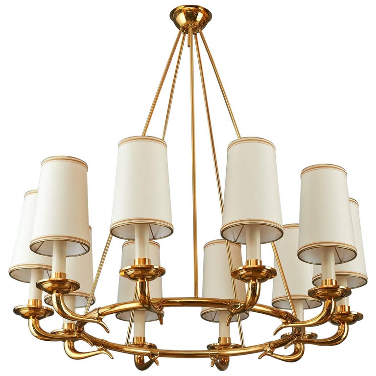 Elegant Ten Branch Polished Brass Chandelier, Italy, 1950s at 1stDibs