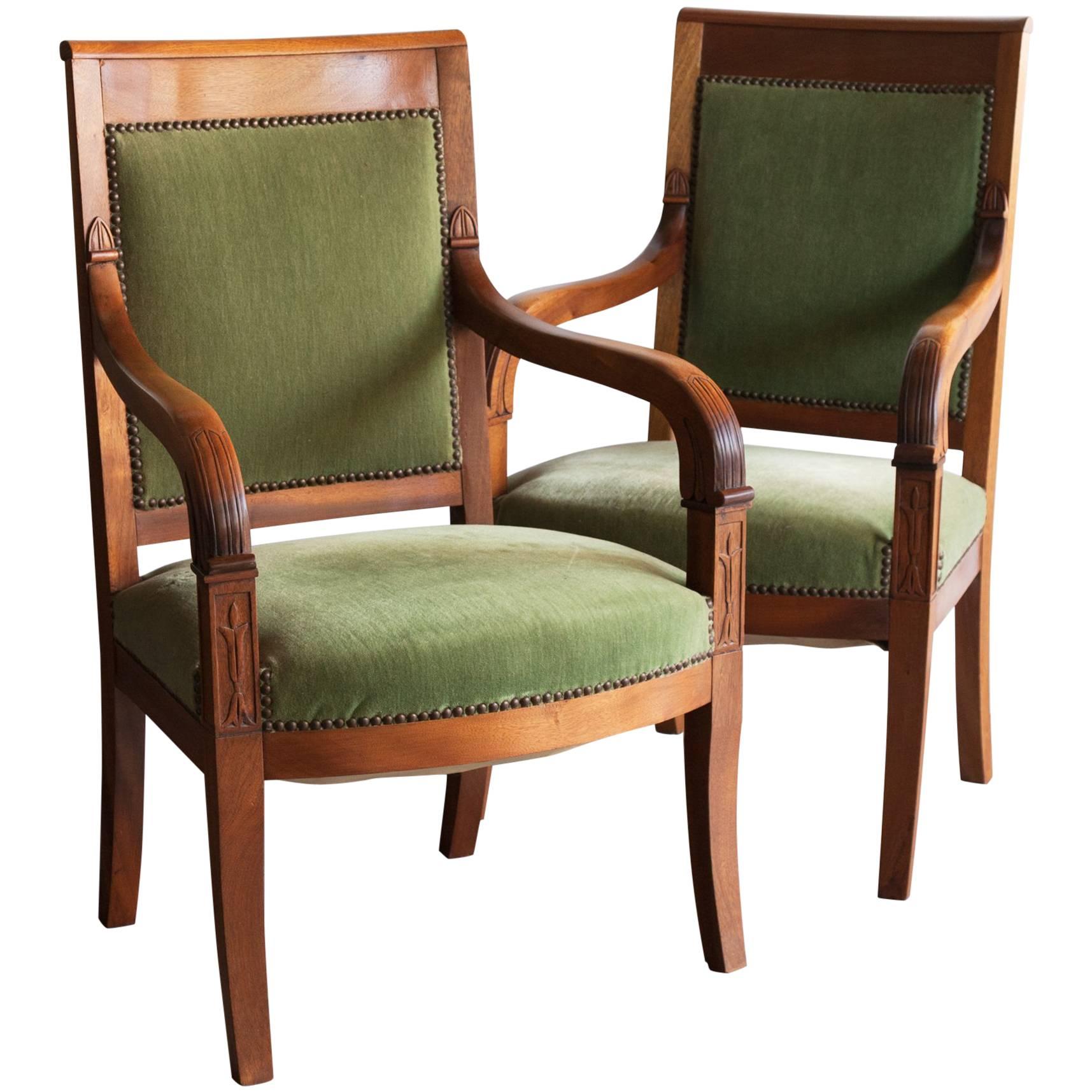 Pair of Early 20th Century Restauration/Empire Style Chairs with Green Velvet For Sale