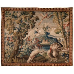 18th Century Aubusson Verdure Tapestry with Two Turkeys and an Exotic Bird