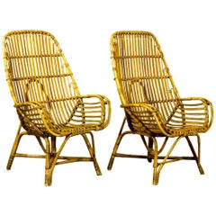 Pair of Mid-Century Rattan High Back Easy Armchairs in Style of Viggo Boesen