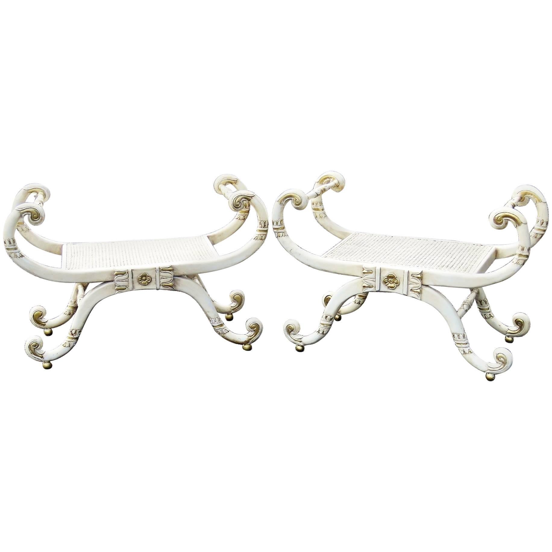 Pair of Distressed Cream and Gilt Painted Caned Seat Cerule Benches