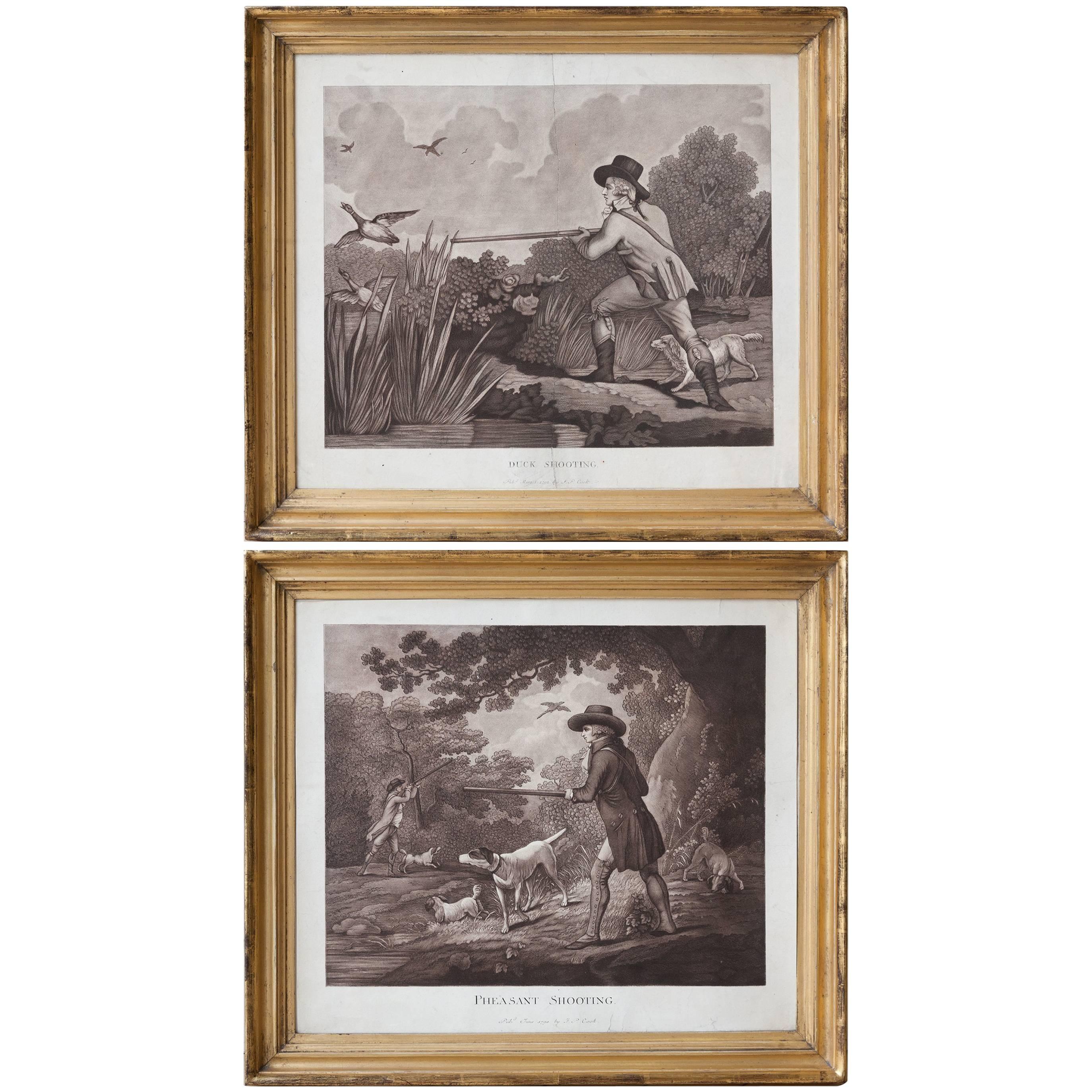 Pair of 18th Century English Sporting or Hunting Prints in Gilt Frames, 1792