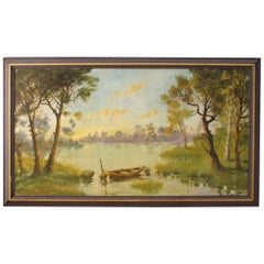 20th Century Painting River Landscape with Boat