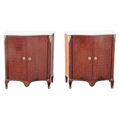 Pair of Jansen Parquetry Inlaid Marble-Top Two-Door Cabinets