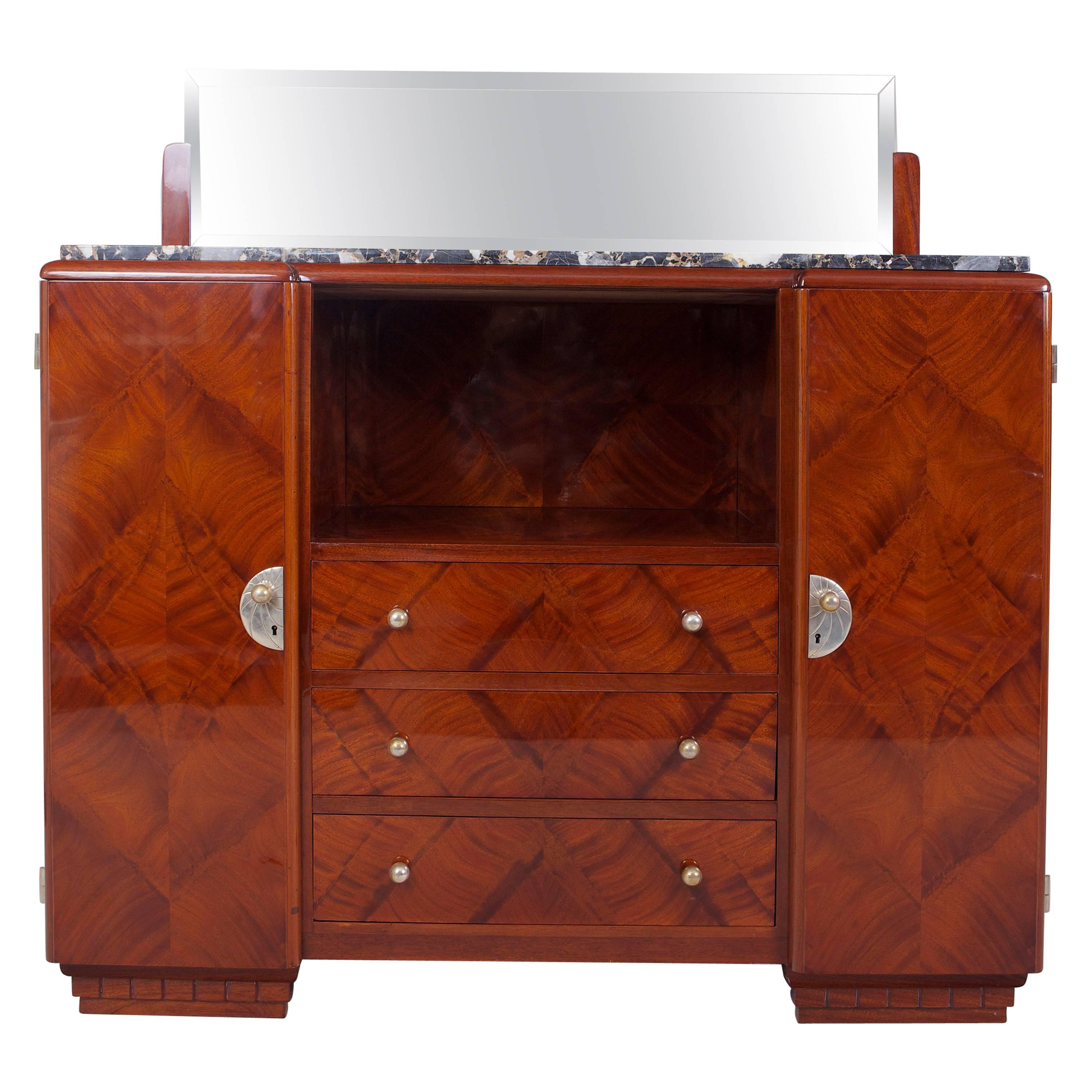 Mahogany Art Deco French Sideboard with Marble Desk and Mirror - 1920-1929 For Sale