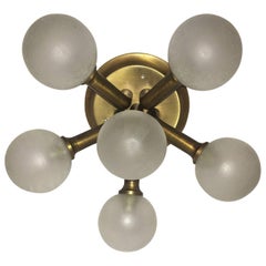 Brass and Six Craquelure Glass Ball Orbit Flush Mount Chandelier