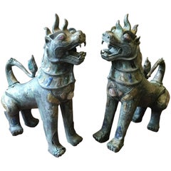 Pair of Tony Duquette Antique Bronze Thai Foo Dogs with Amethyst and Rose Quartz