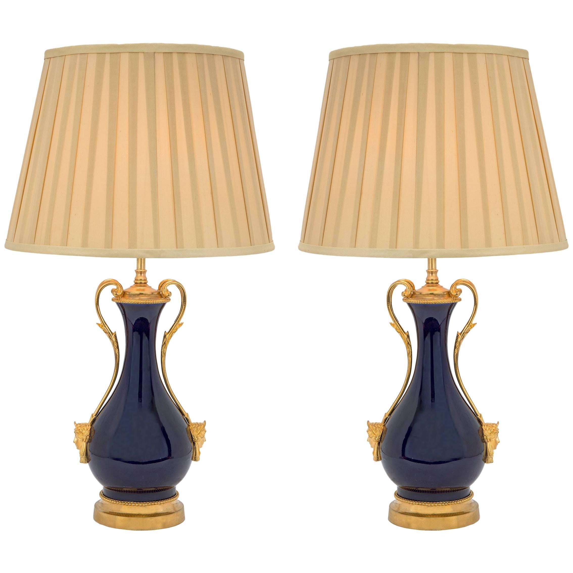 Pair of French Louis XVI Style Cobalt Blue Sèvres Porcelain and Ormolu Lamps