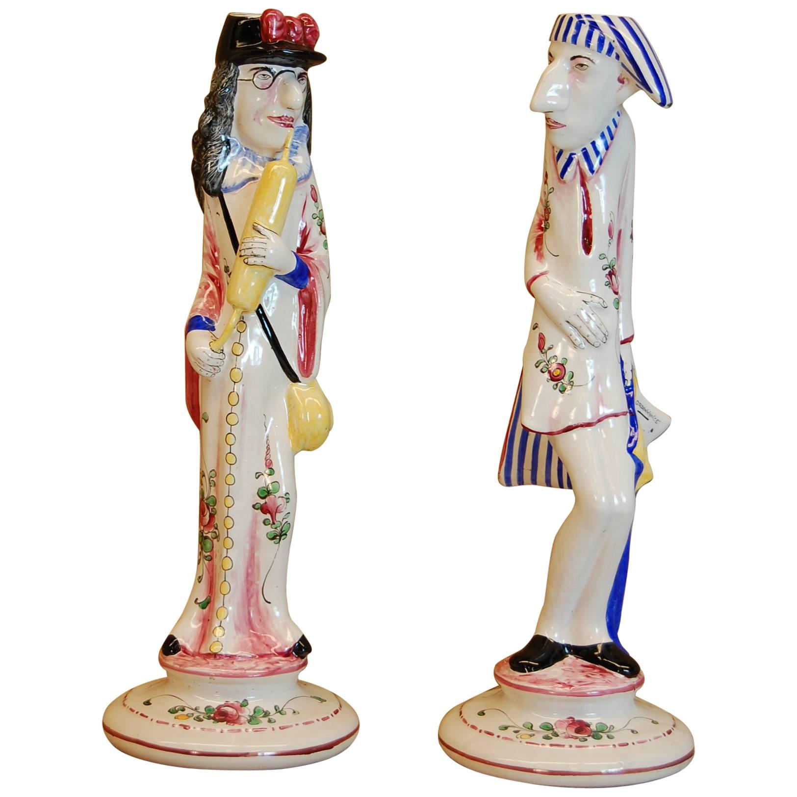 Pair of Faience Decorated Candlesticks of Doctor & Patient, Possibly Desvres For Sale