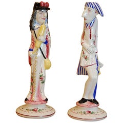 Pair of Faience Decorated Candlesticks of Doctor & Patient, Possibly Desvres