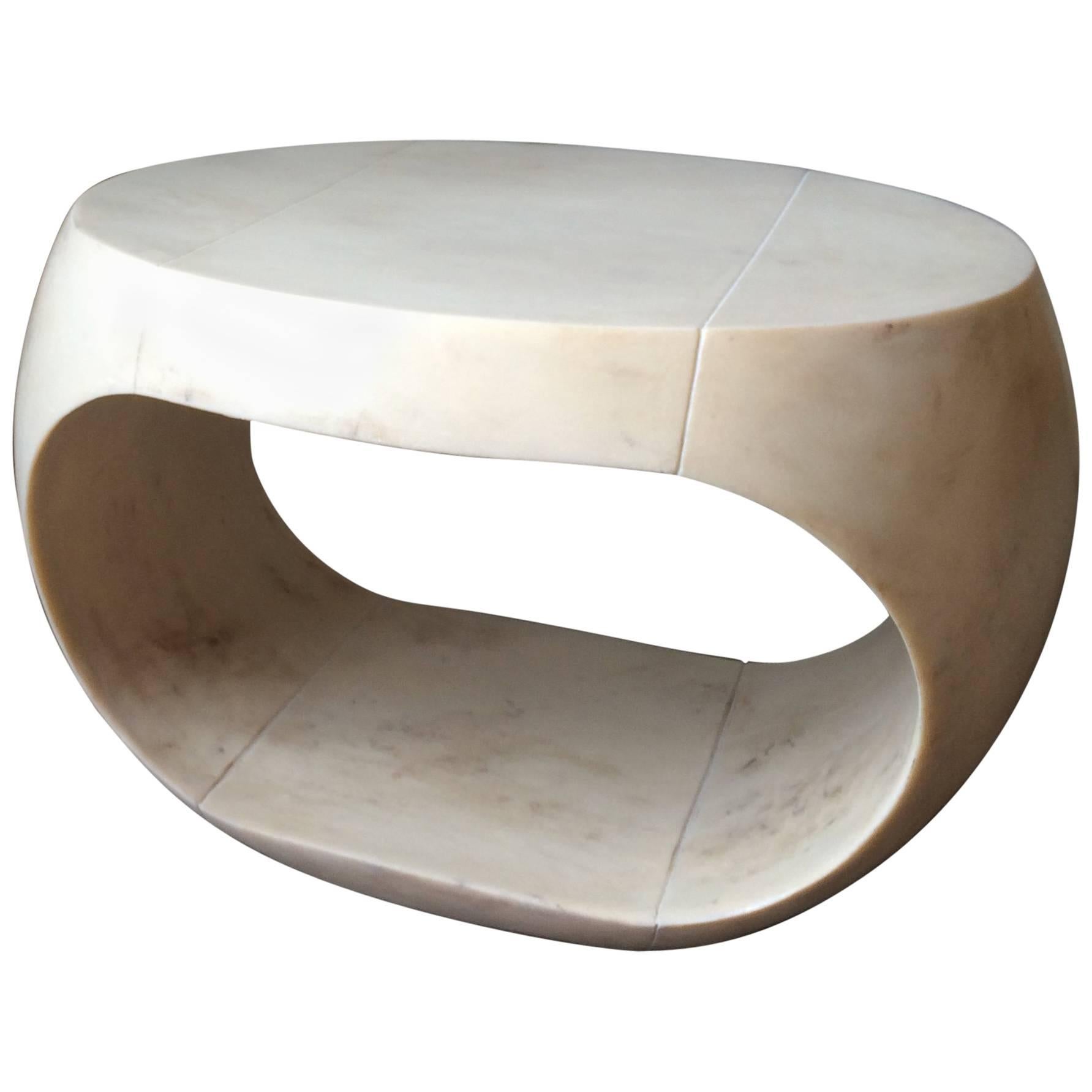 Cream-Colored Cast Resin Drum Table with Parchment Distressed Surface For Sale