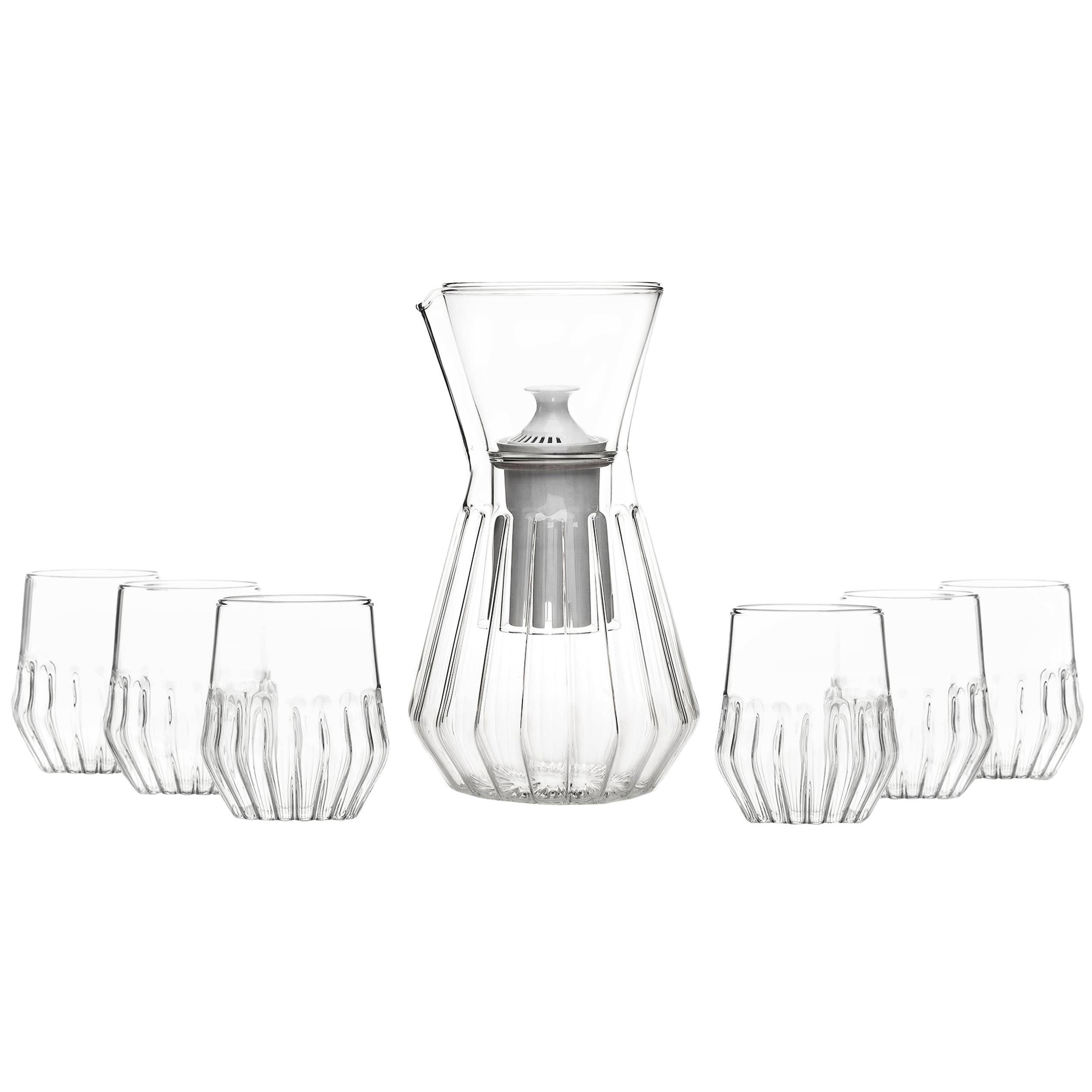 fferrone Fluted Talise Carafe Pitcher and Six Mixed Small Glass Set