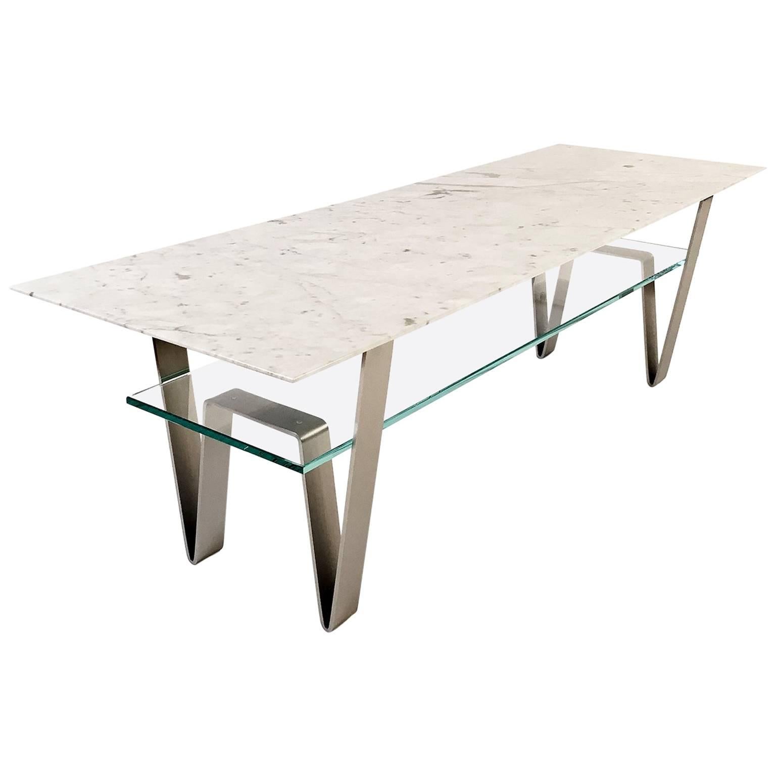 Zaza Table, Contemporary Carrara Marble, Stainless Steel and Glass Coffee Table For Sale