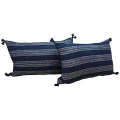 Pair of 19th Century Antique French Indigo Striped Linen Pillows with Tassels