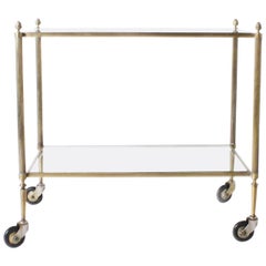 Italian Brass Bar Cart with Glass Shelves and Wheels, circa 1950