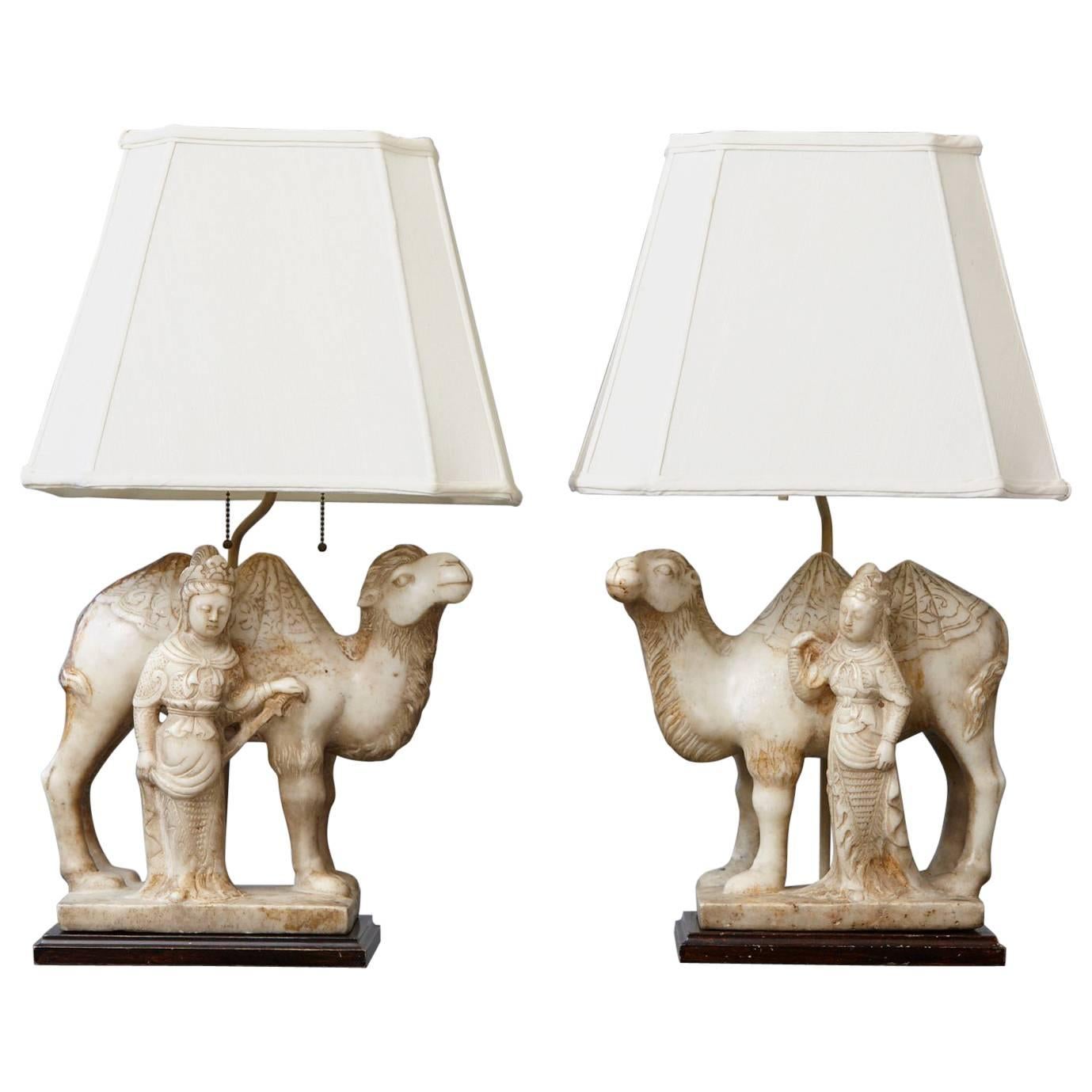 Pair of Hand-Carved Figurative Marble Table Lamps