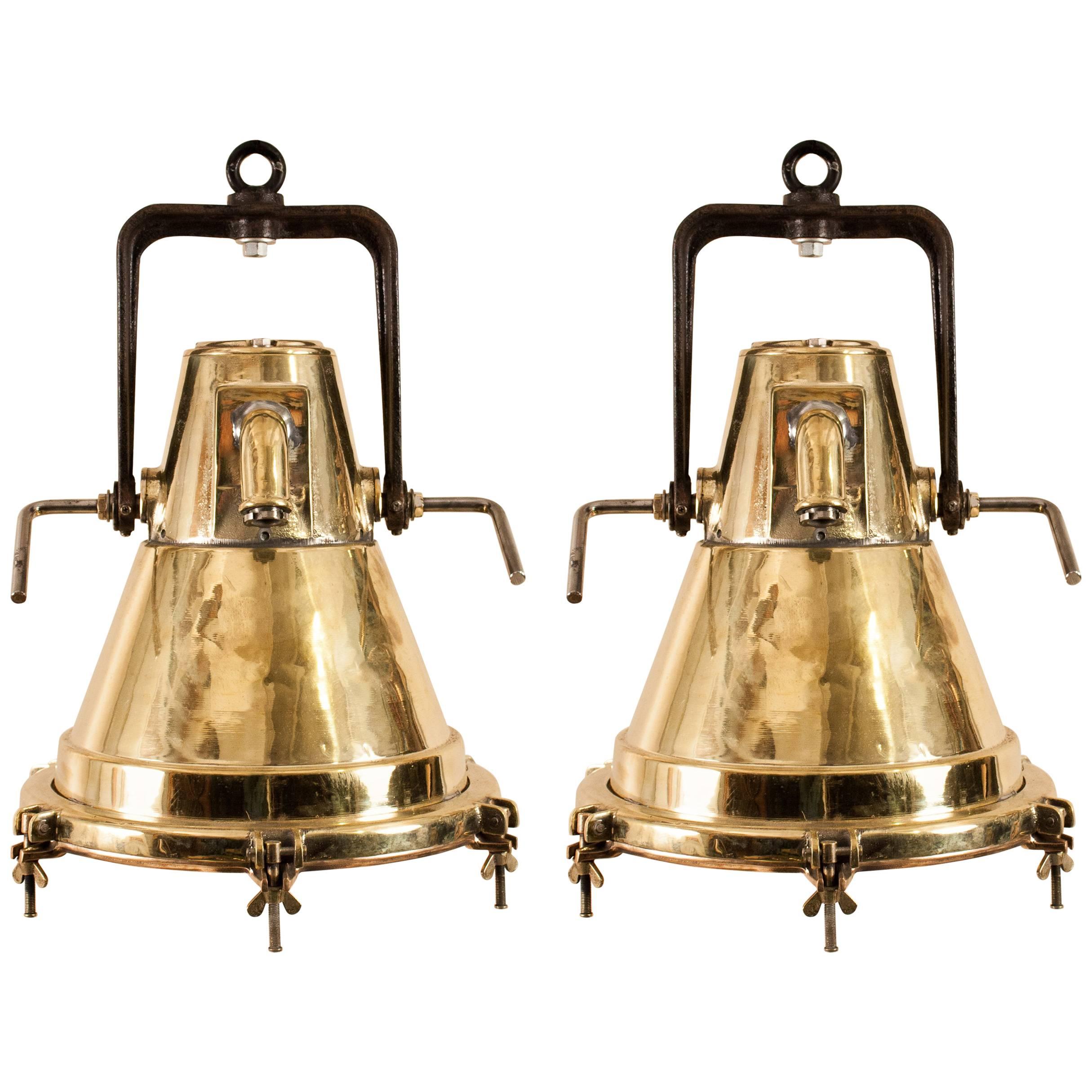 Pair of Large Vintage Brass Maritime Pendant Lights