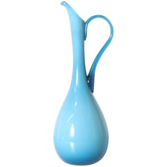 Vintage Turquoise Murano opaline White Cased Glass Pitcher, circa 1940