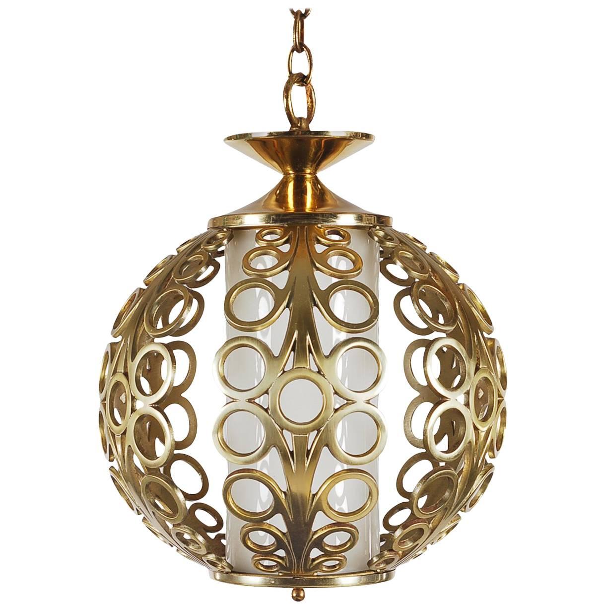 Hollywood Regency Brass Ring Pendant Hanging Lamp For Sale