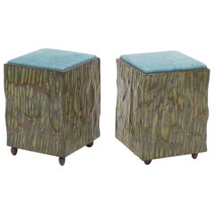 Phillip Lloyd Powell Painted Hand Carved Stools with Abstract Patterned Textile