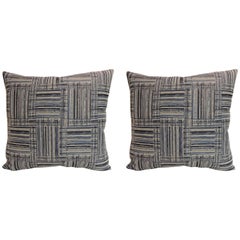 Pair of Vintage Blue and White Basket Weave Decorative Pillows 1