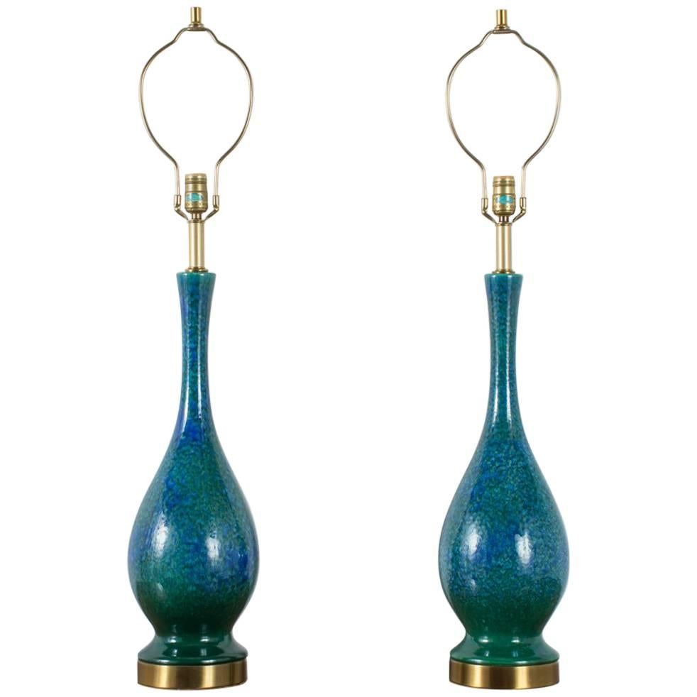 Pair of Vintage Mid-Century Blue and Green Ceramic Table Lamps