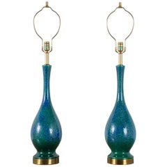 Pair of Vintage Mid-Century Blue and Green Ceramic Table Lamps