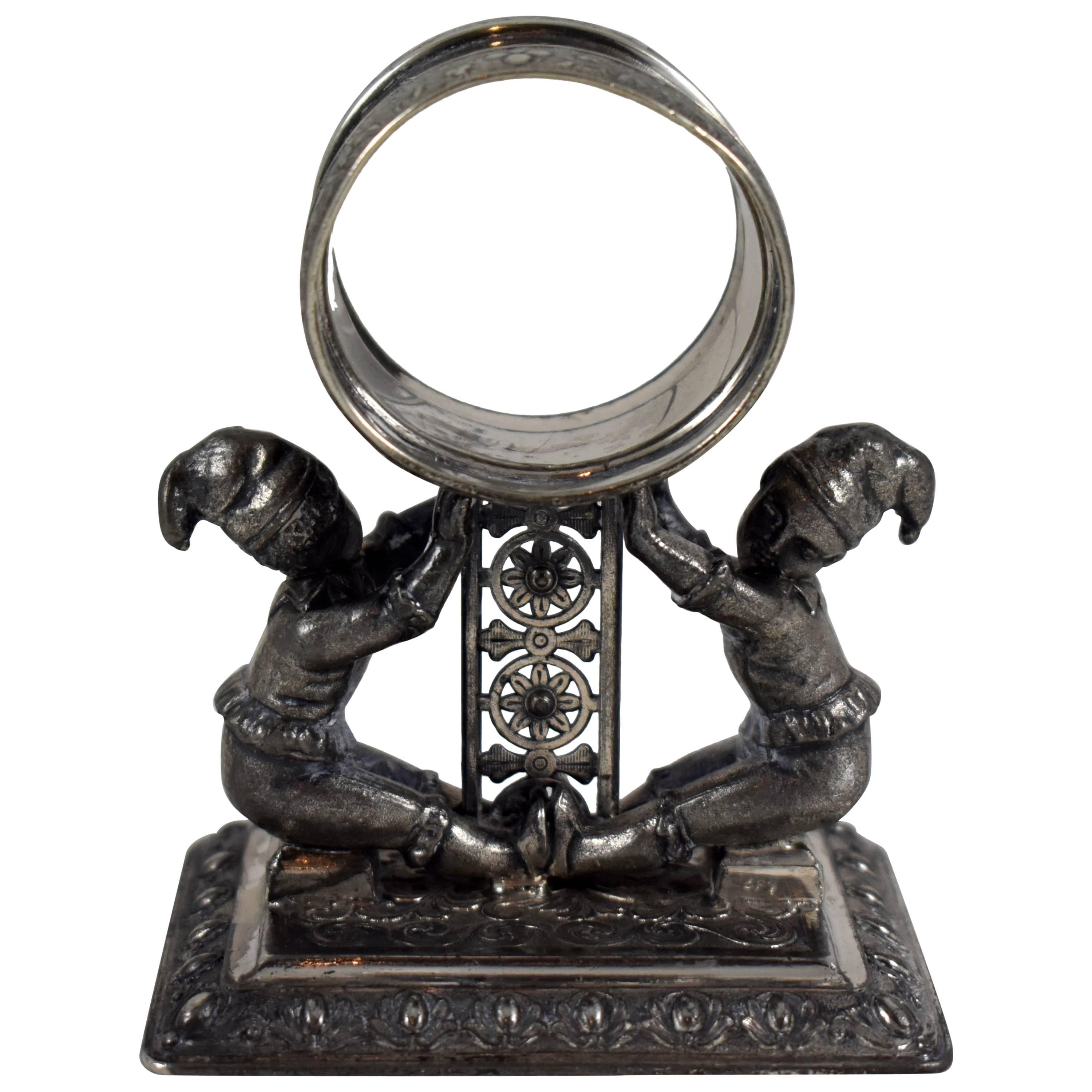 Silver Victorian Era Aesthetic Movement Figural Napkin Ring, Two Jesters